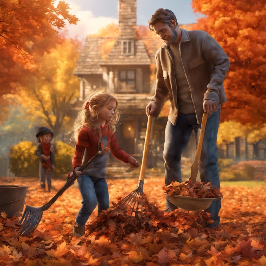 Family Raking Fall Leaves: Detailed Matte Painting