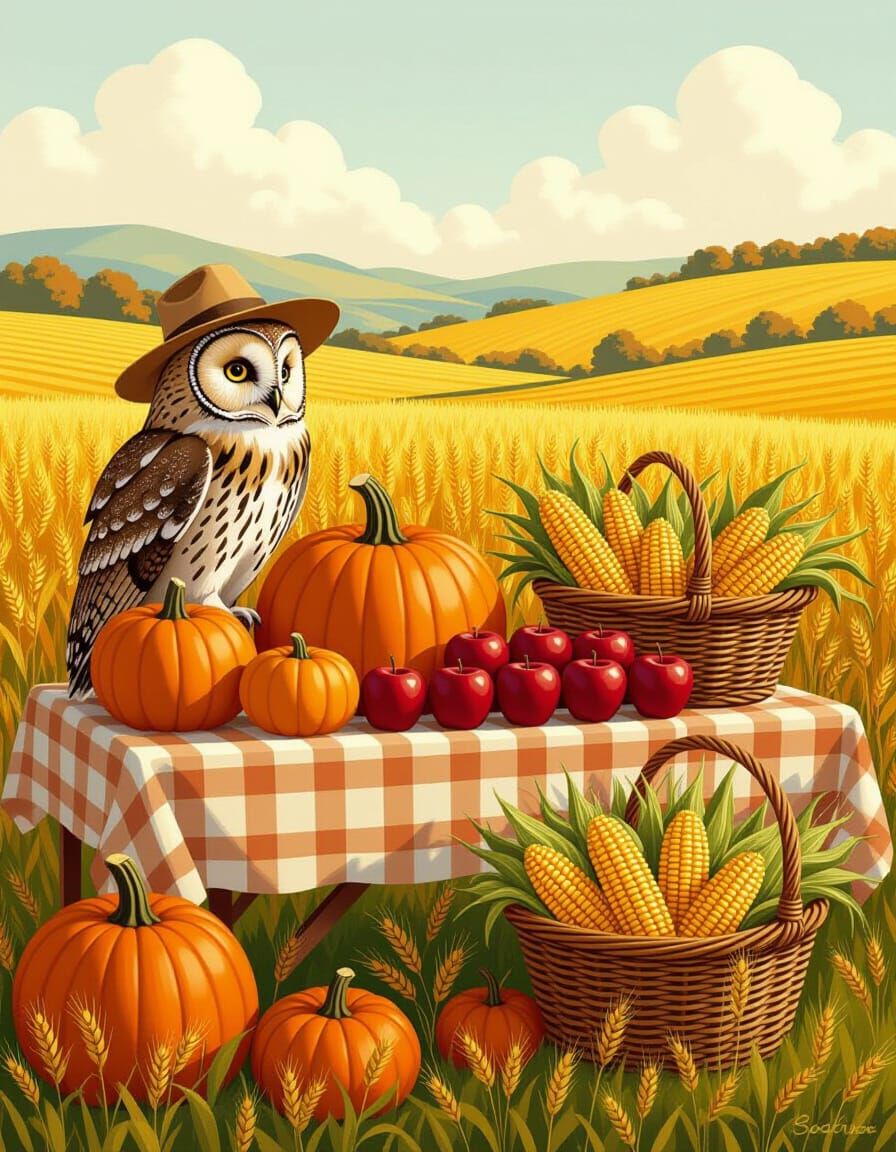 Bountiful Harvest Table In Sunlit Meadow With Wise Owl