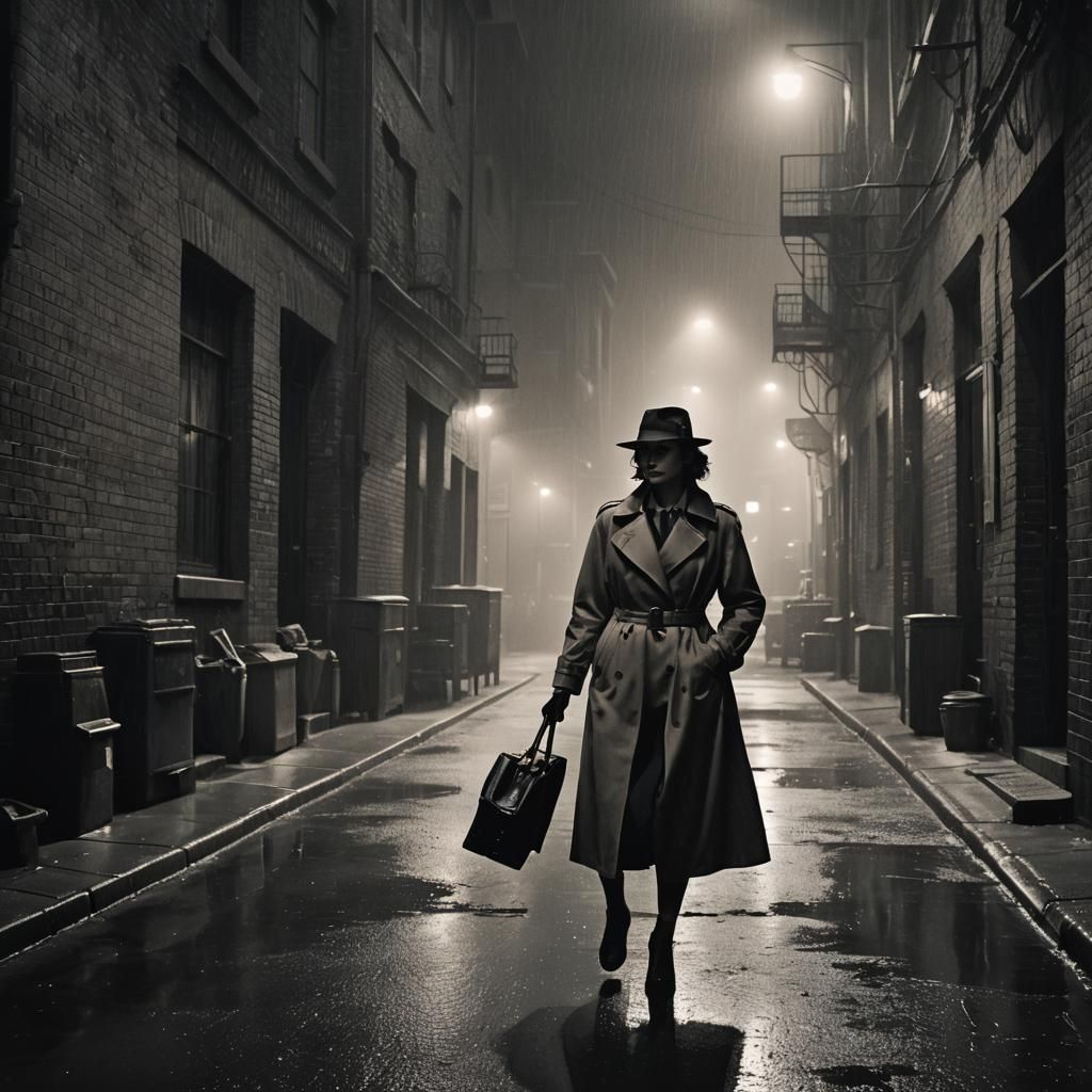 Noir Gangster Woman in Rainy City Alley