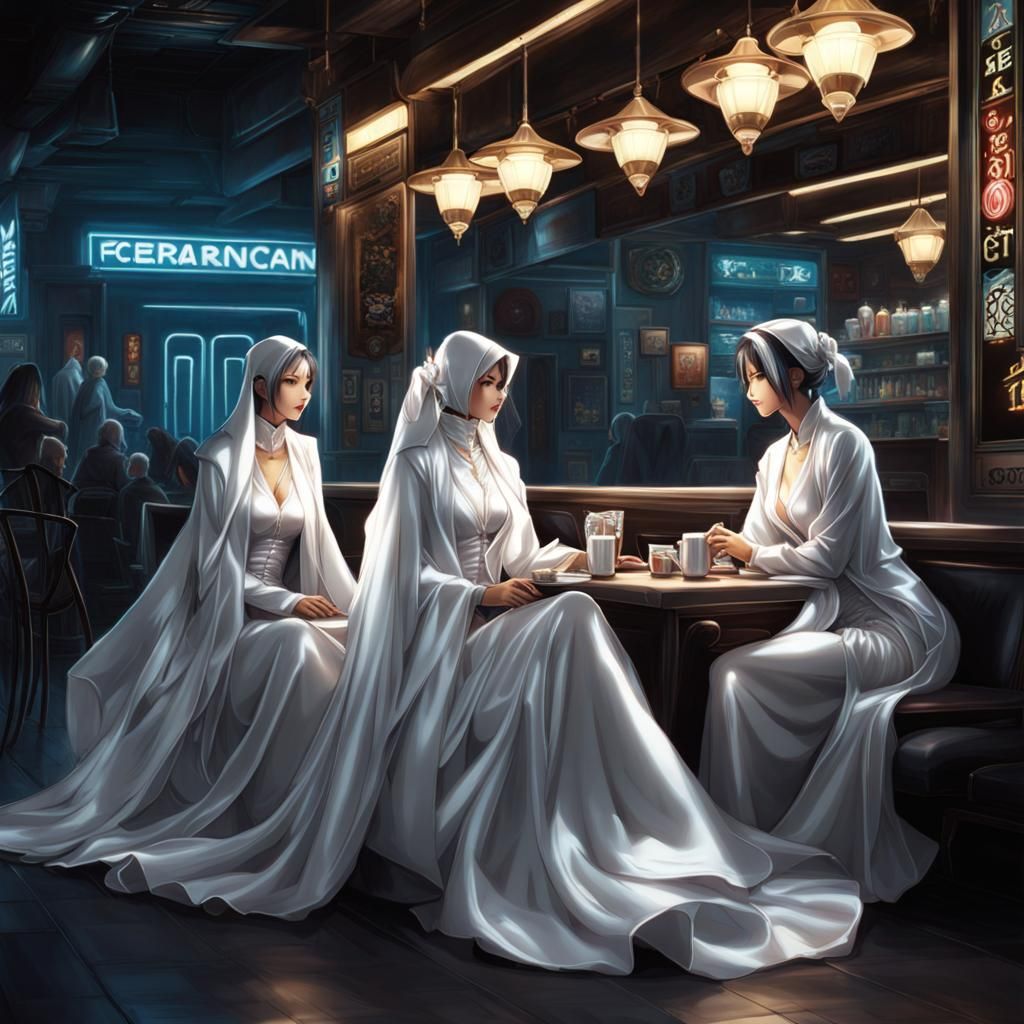 Grimdark Cyberpunk Cafe with Ladies in Anime Style