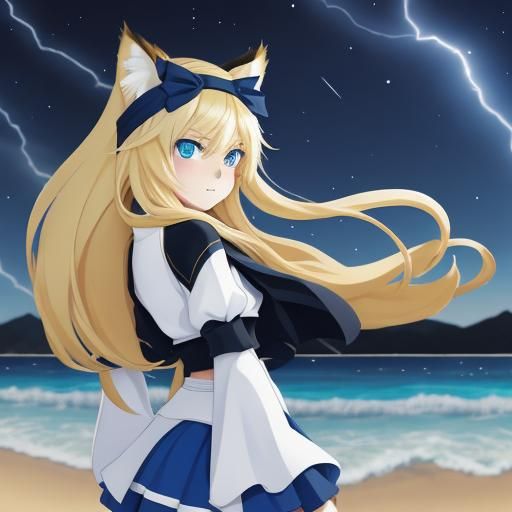 Chibi Catgirl on Beach in Cel-Shaded Anime Style