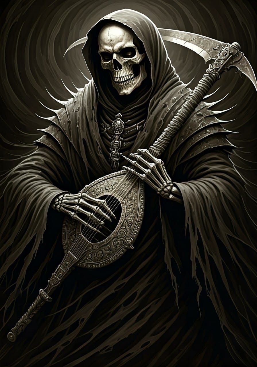 Grim Reaper's Haunting Melody: A Gothic Art Nouveau Drawing