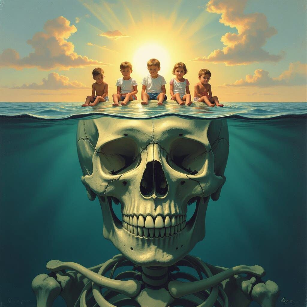 Surreal Skeleton & Children in Dual Realm Painting