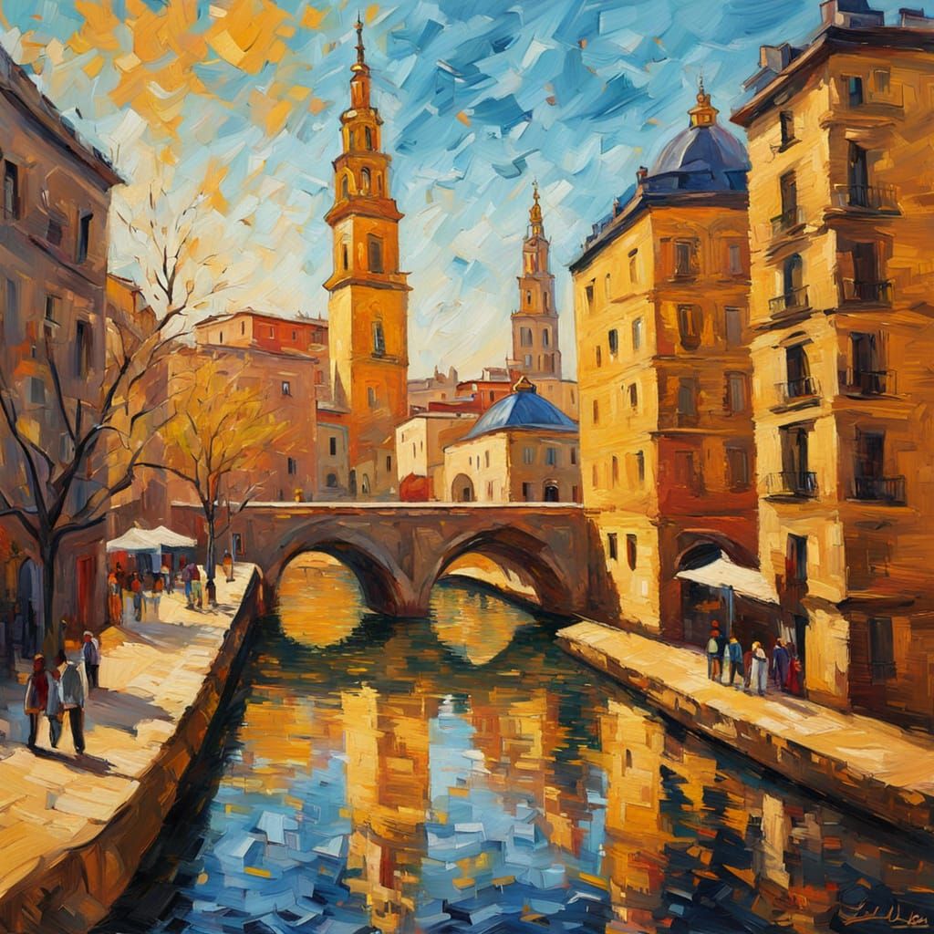 Zaragoza Cityscape in Expressionist Oil Painting Style
