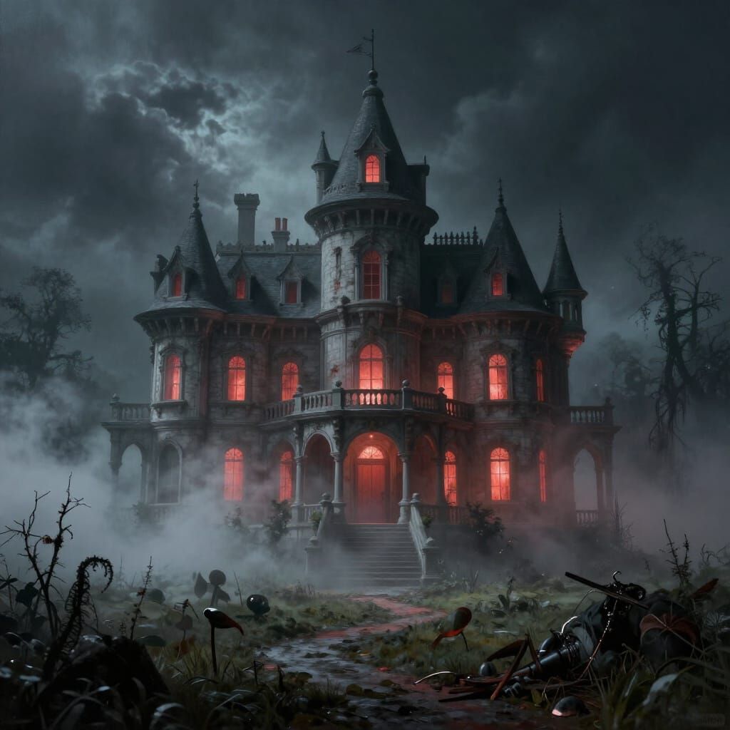 Cinematic Horror Mansion in Volumetric Fog Landscape Paintin...