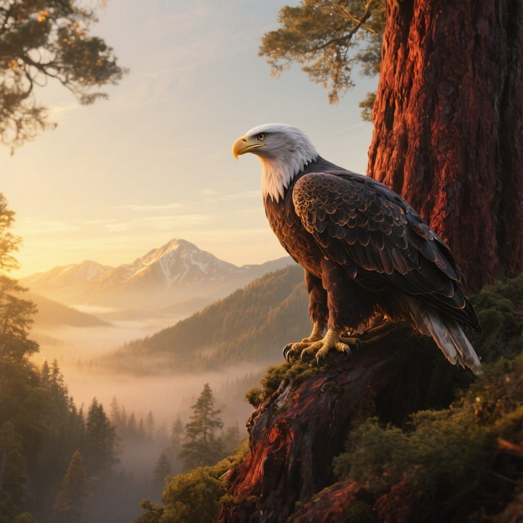 Bald Eagle on Redwood Tree at Dawn