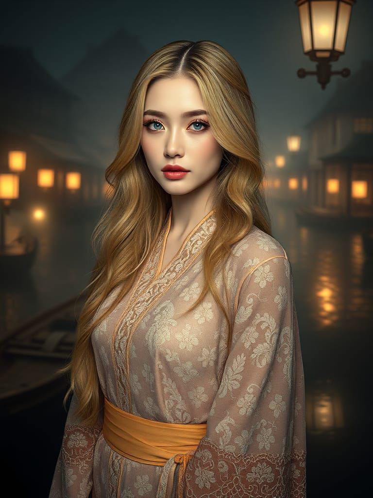 Ukrainian Beauty in Sepia-Toned Vintage Night Scene