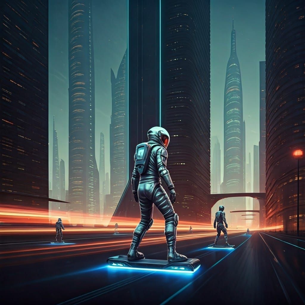 Futuristic Metropolis with Flying Cars and Space Suits