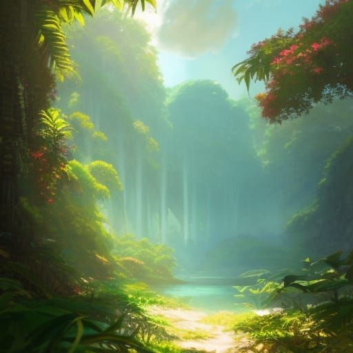 Tropical Gothic Palace in Lush Jungle, Vibrant Art