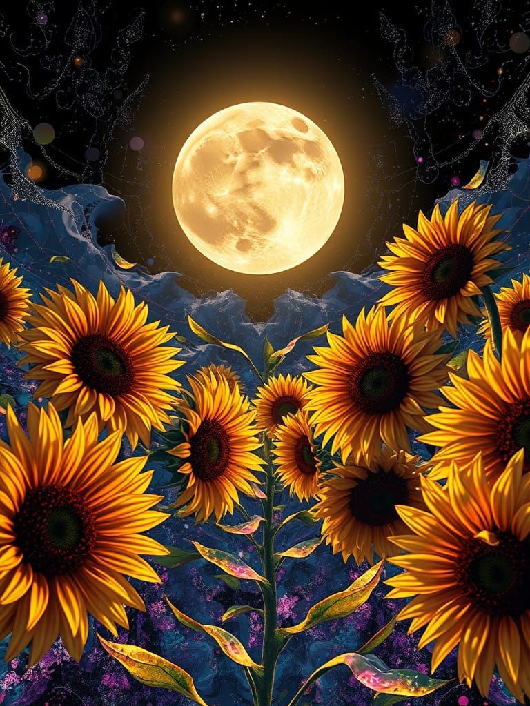 Giant Gilded Sunflowers Under a Wavy Moon