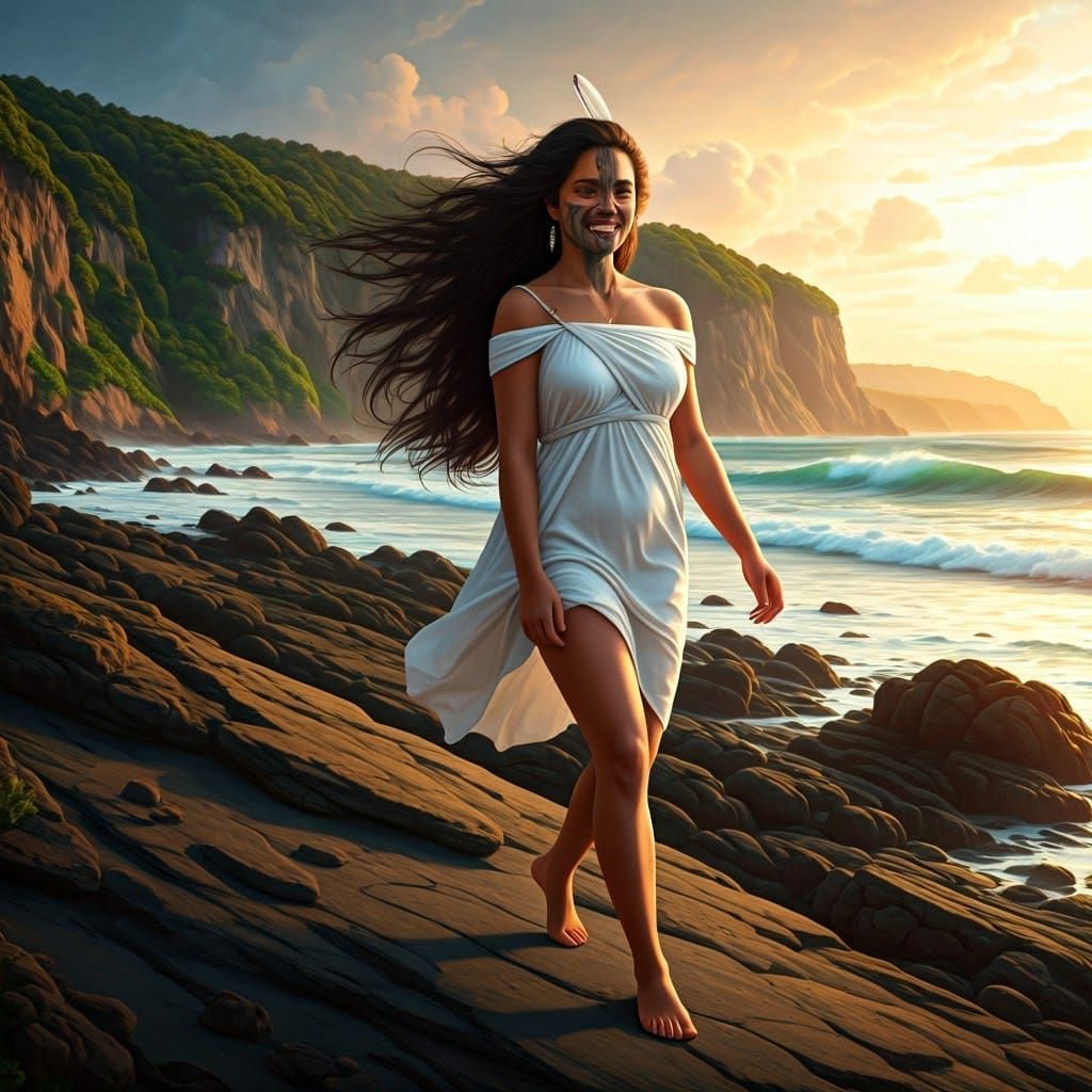 Smiling Maori Girl at Golden Hour Sunset