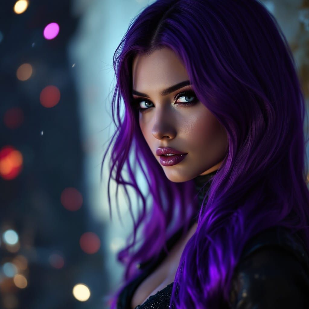 Kylie Jenner, Karen Gillan, Purple hair right, Blond hair left, straight hair, No smile, Heavy make-up, Smokey Eyes, Got...