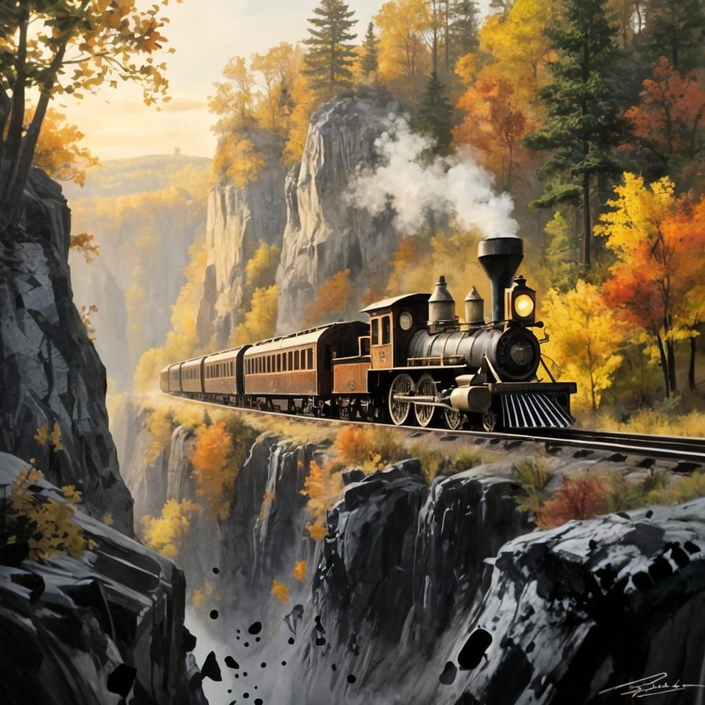 Steam Engine Through Midwest Canyons as Acrylic Painting