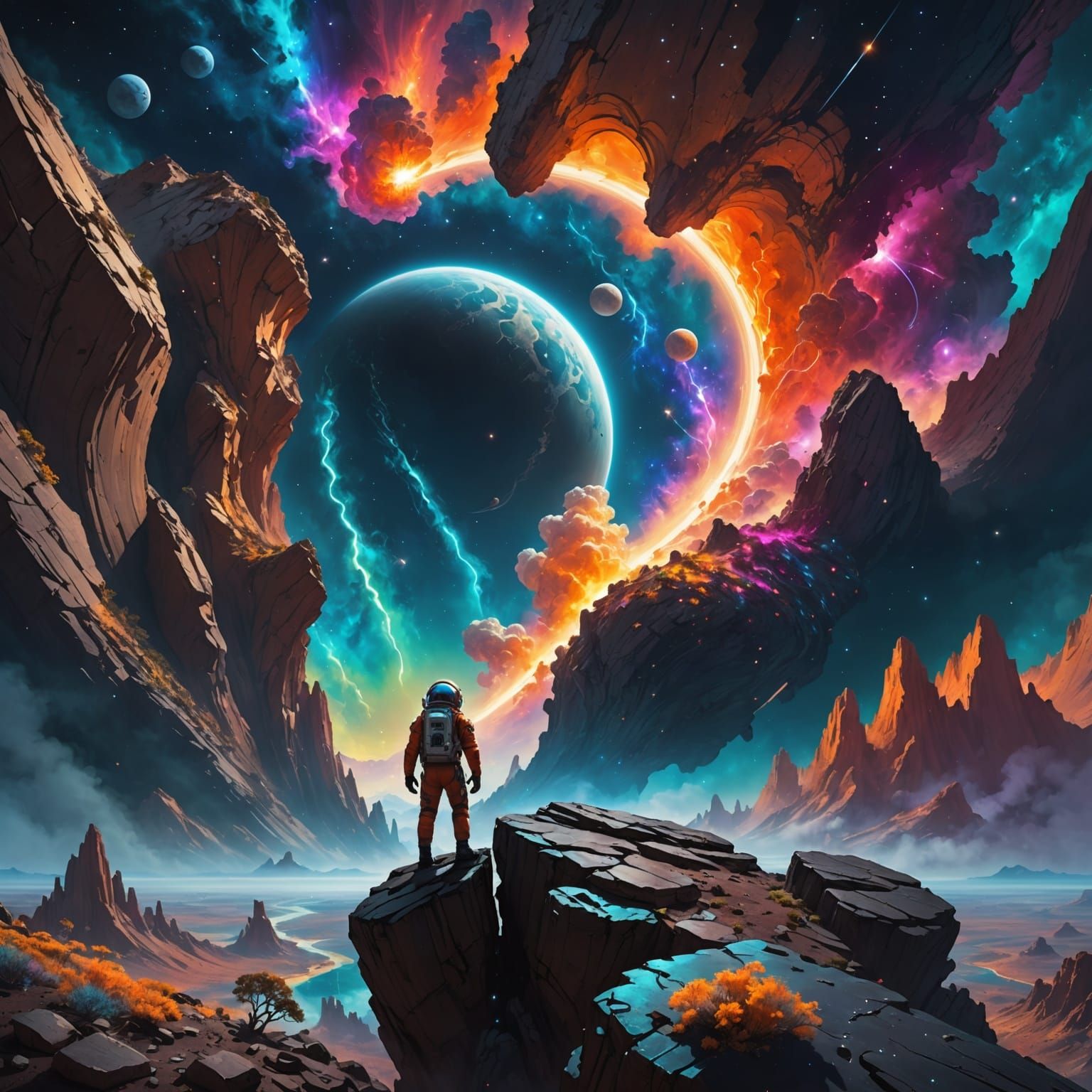 Astronaut Gazes at Nebula from Crystal Asteroid