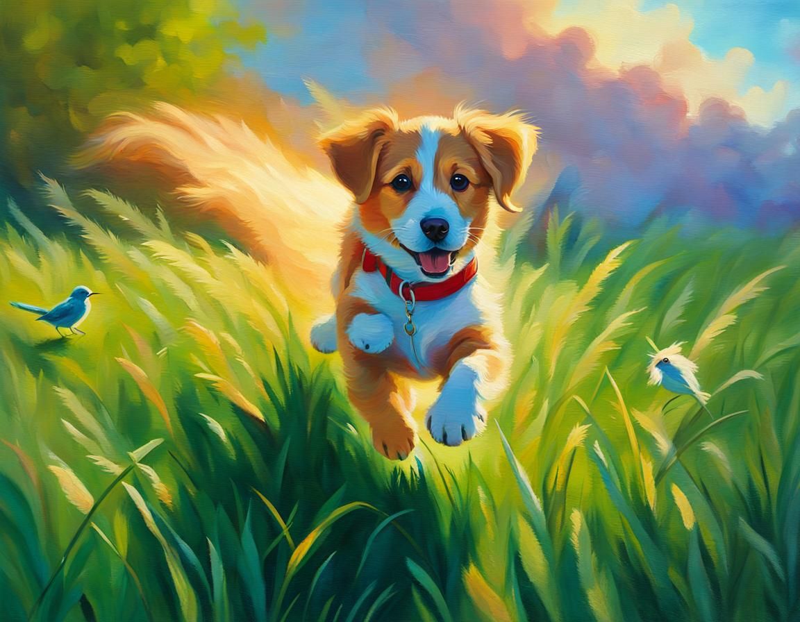 Puppy Chasing Bird in Sunny Meadow as Impressionism Oil Pain...