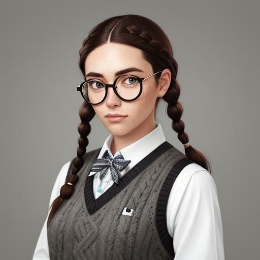Preppy Girl Portrait with Freckles and Braids in 8k