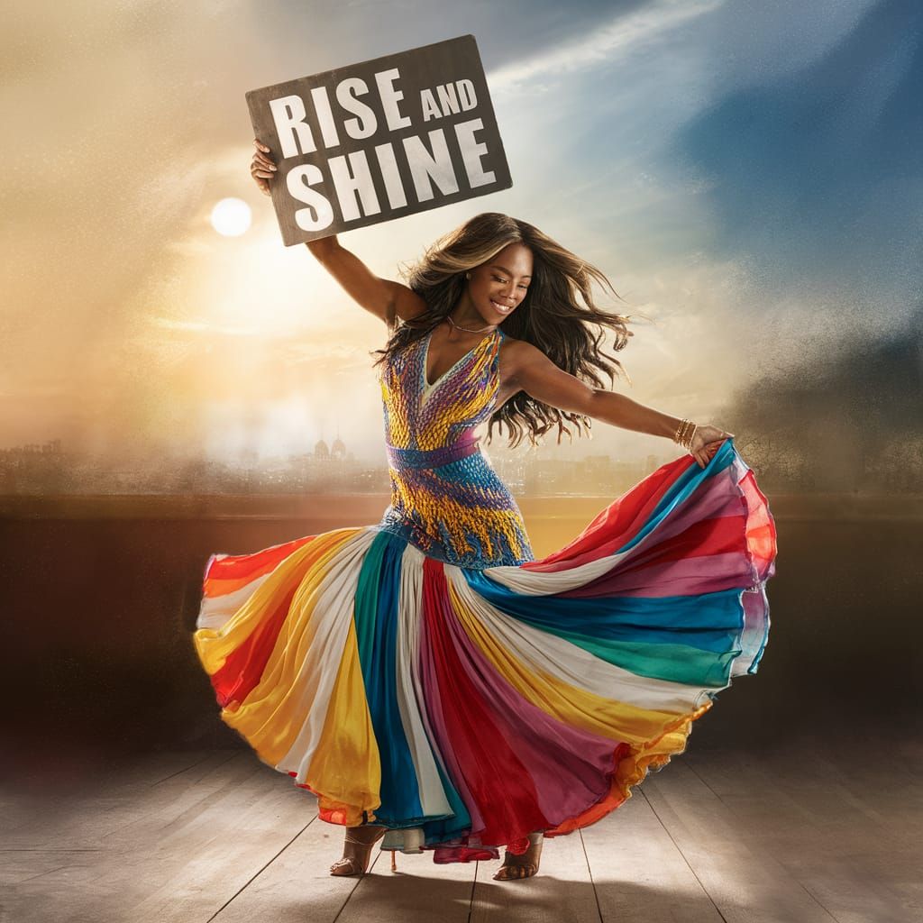 Woman Dancing with Rise and Shine Sign