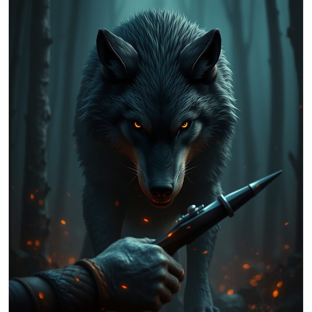 Fierce Wolf Confronts Hunter in Dark Forest