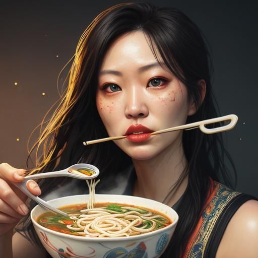 Girl Enjoys Noodle Soup in Hyperrealistic Style