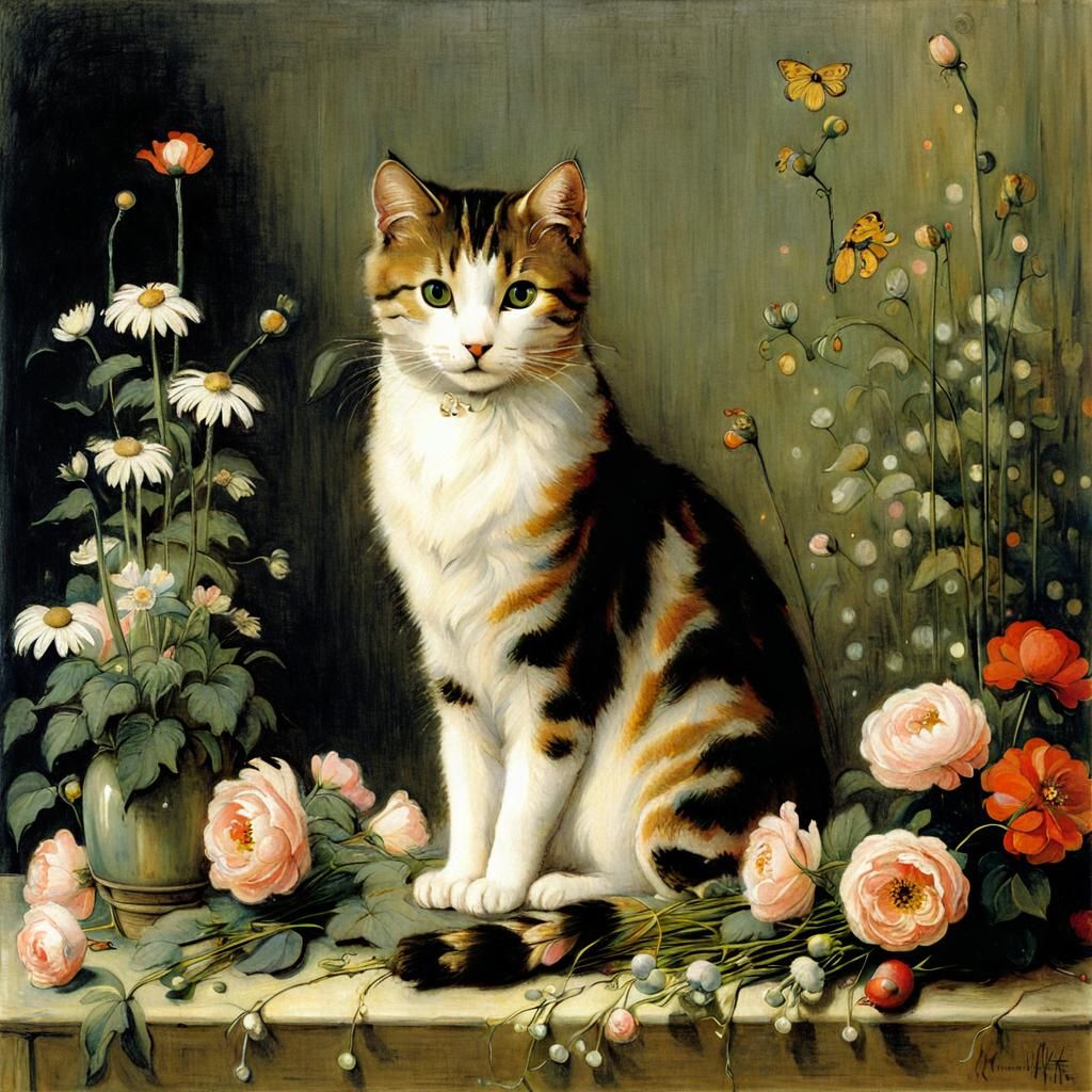 Cute Cat Surrounded by Flowers in Symbolic Style