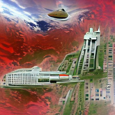 Futuristic Spaceship Over Soviet City, Digital Art