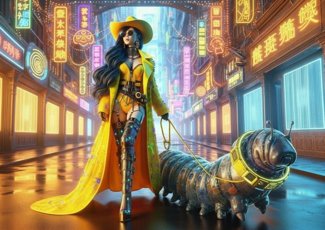 Cyberpunk Cowgirl Walks Rainbow Tardigrade in Neon City