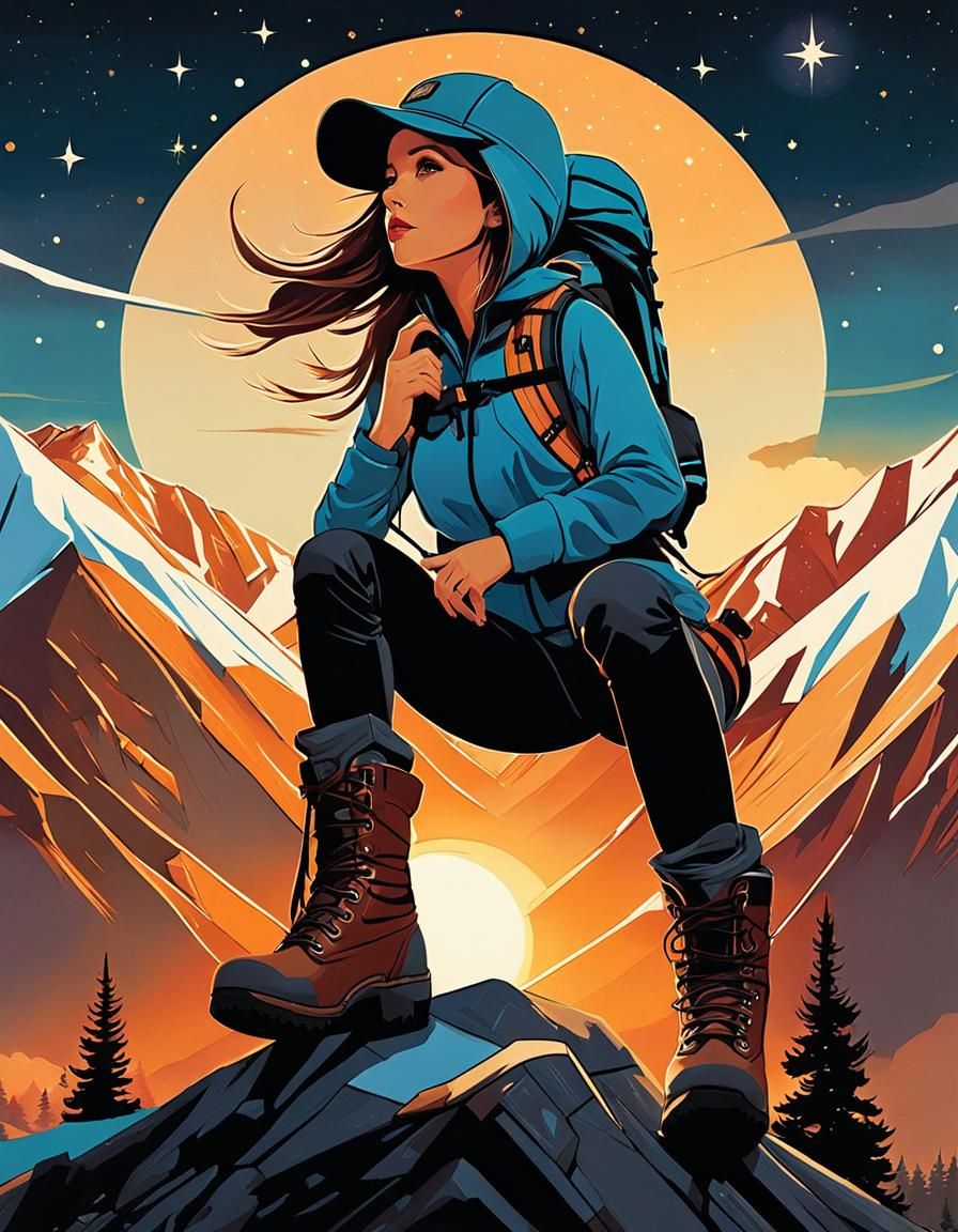 Girl Hiker Watches Sunrise on Rugged Peak