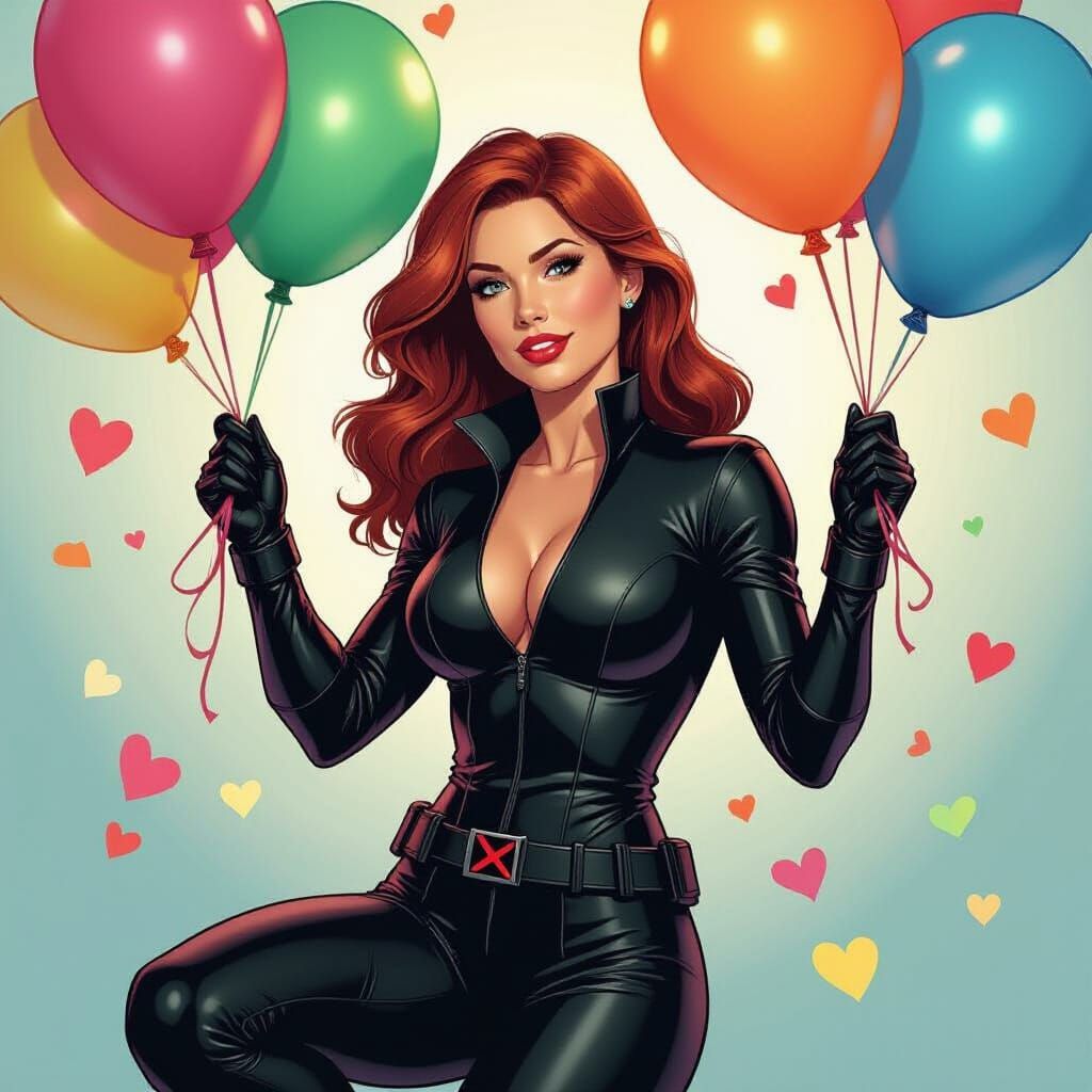 Black Widow with Party Balloons in Comic Book Style