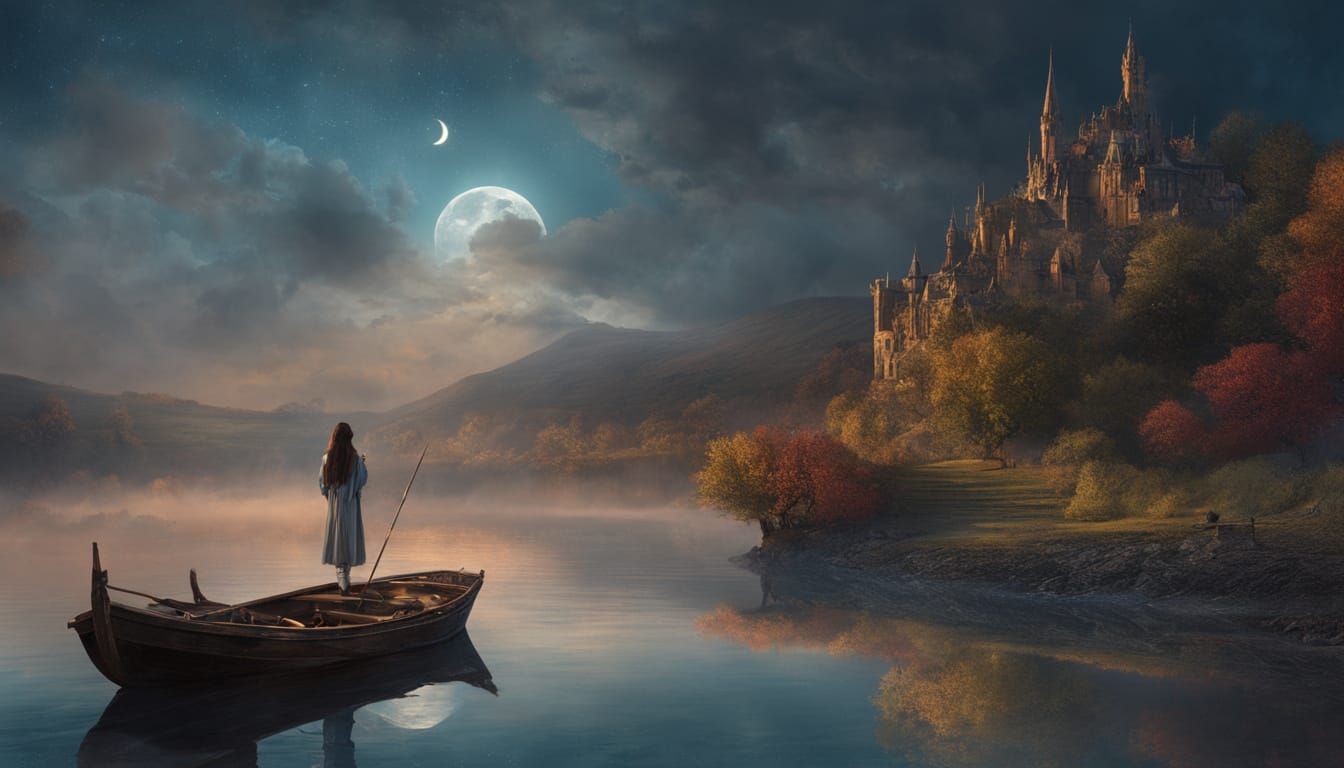 Ethereal Priestess on Magical Lake in Moonlight