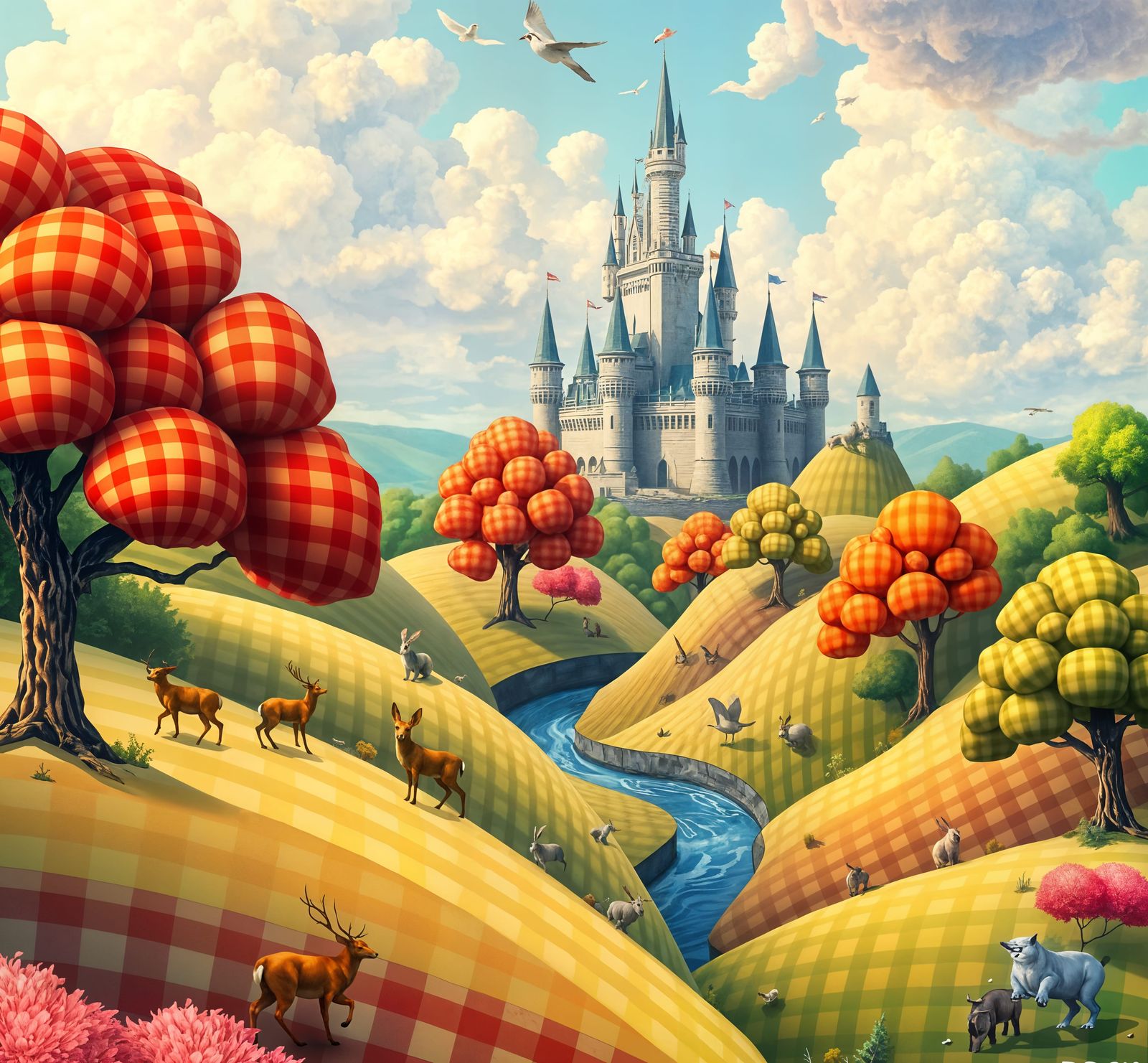 Fantasy Gingham Wonderland with Vibrant Patterns and Texture...