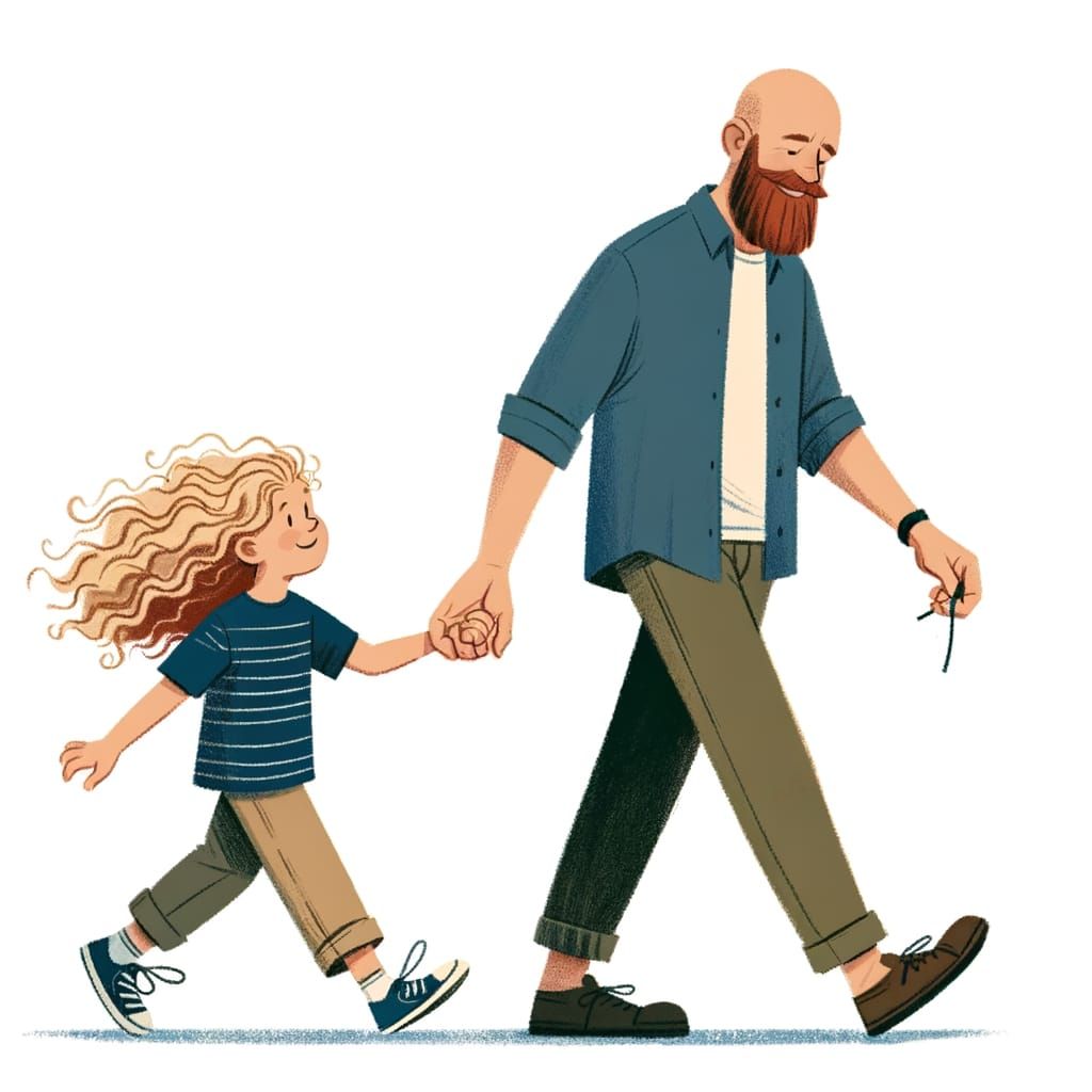 Bald Father and Son Walking Hand-in-Hand
