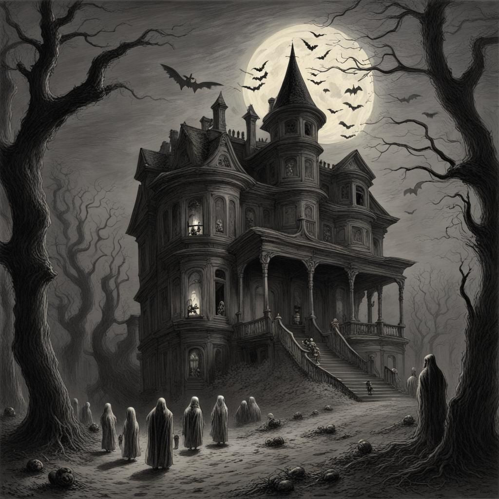 Eerie Halloween Mansion in Gustave Doré Style