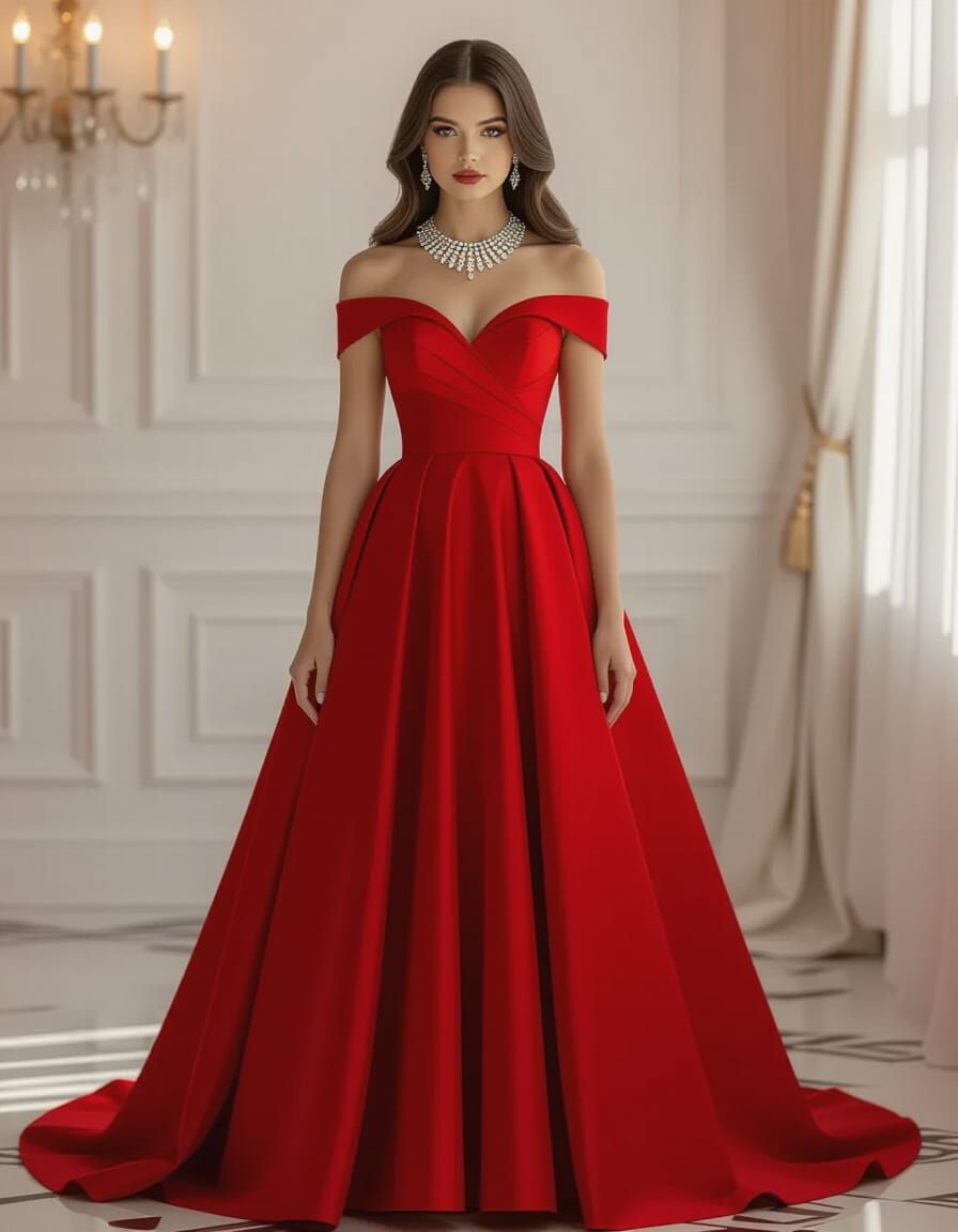 Elegant Woman in Crimson Gown with Diamond Necklace
