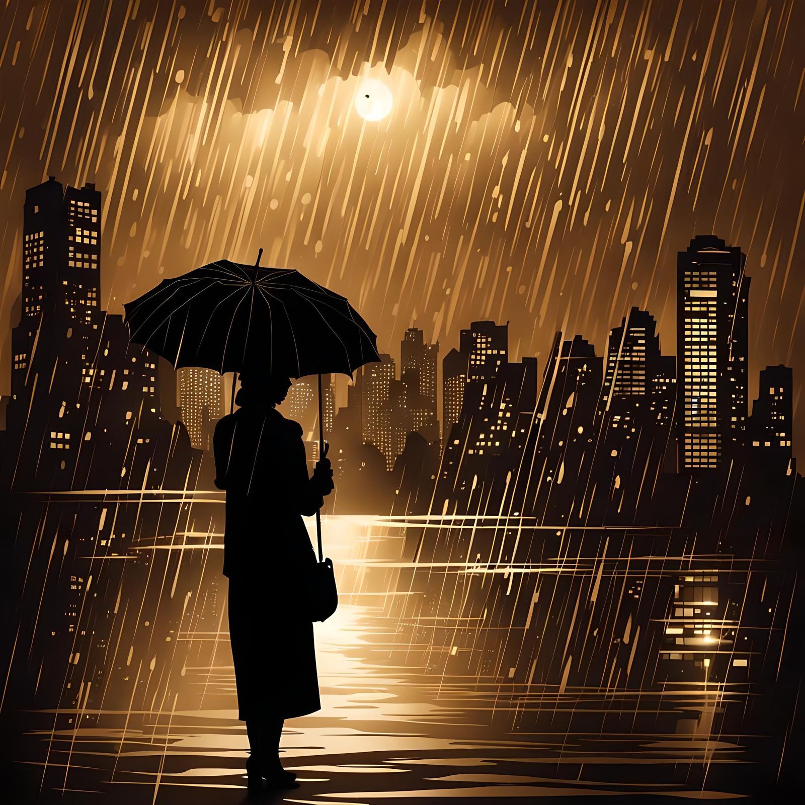 Sepia Silhouette: Woman in Rainy Cityscape