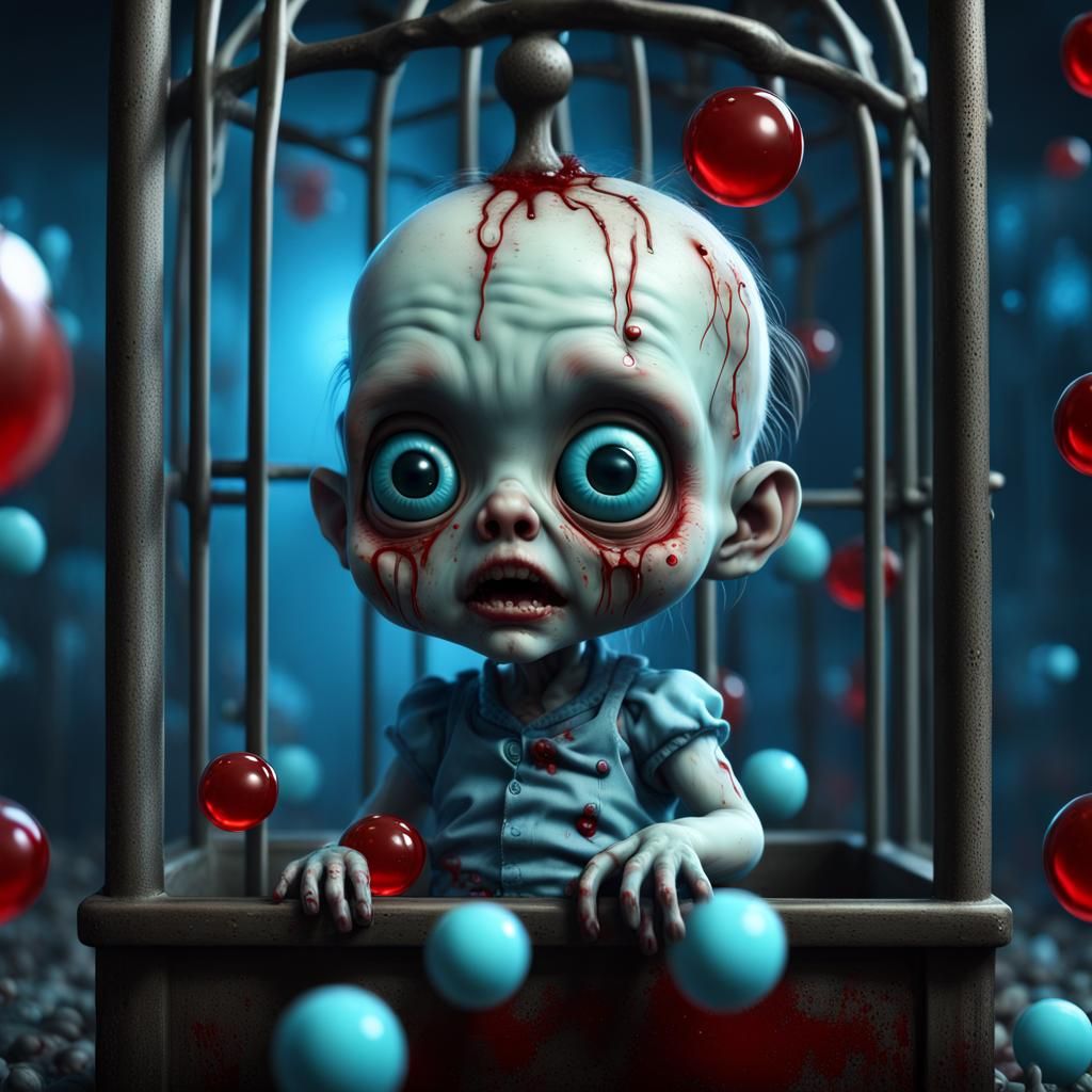 Cute Zombie Baby in Cage, Mark Ryden Style