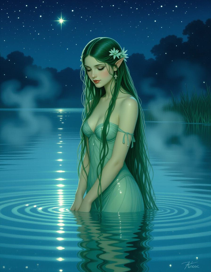 Water Nymph at Night with Star Reflections