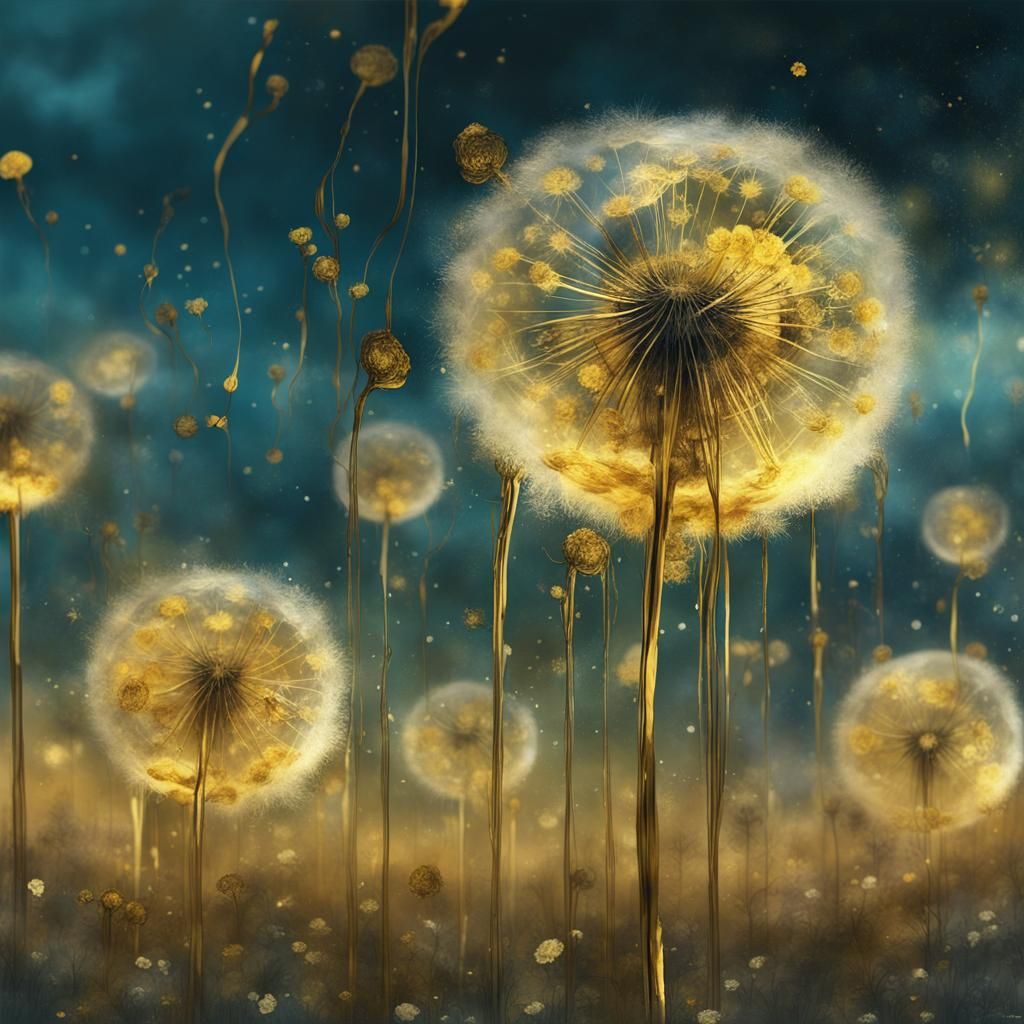 Golden Dandelion Sculpture Descending From Dreamy Sky