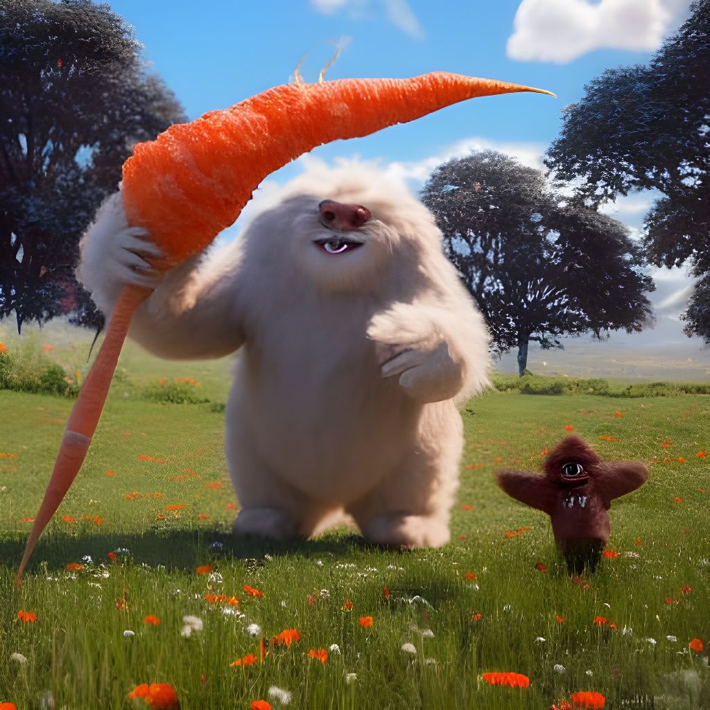 Fluffy Sasquatch Bunny Monster Loots Carrot Field