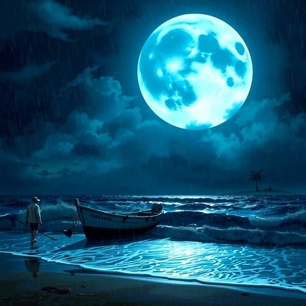 Night Seascape: Thai Shore with Blue Moon