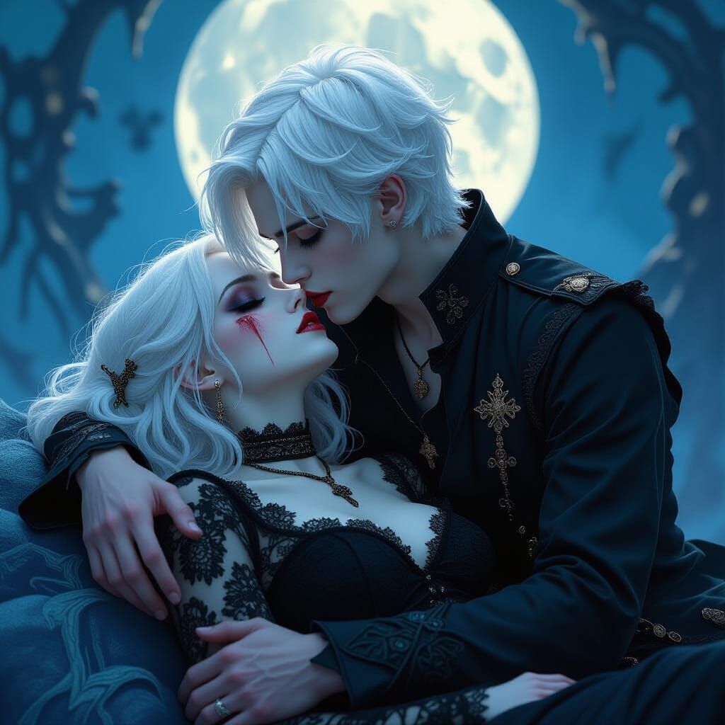Goth Boy Kissing Dying Girl in Ethereal Moonlight
