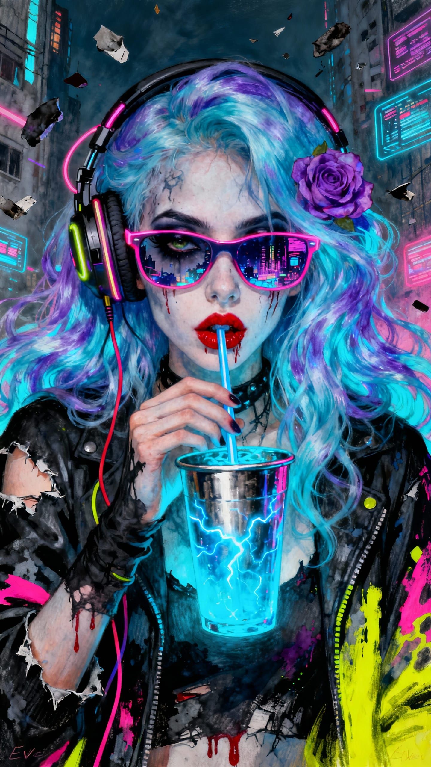 Boho-Gothic Woman with Cosmic Hair in Dystopian World