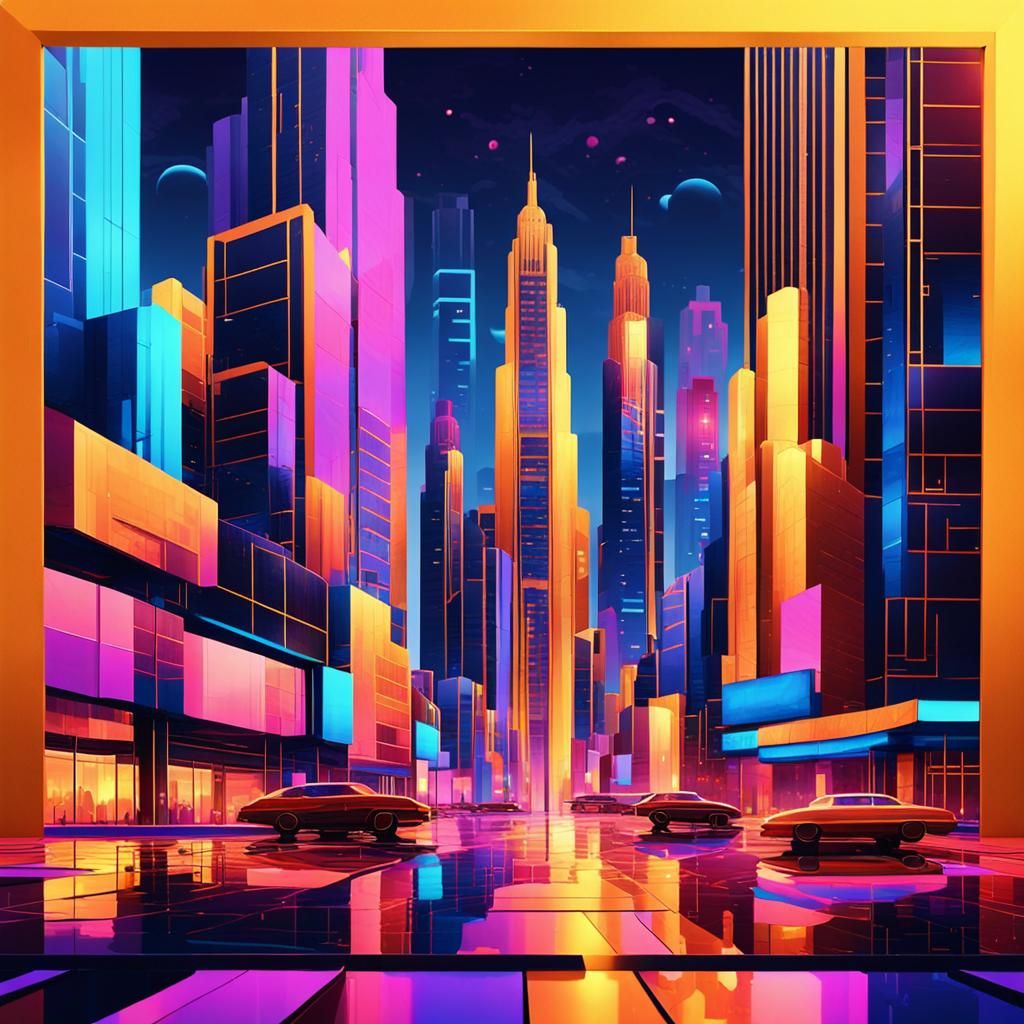 Vibrant Art Deco Cityscape in Digital Pop Art