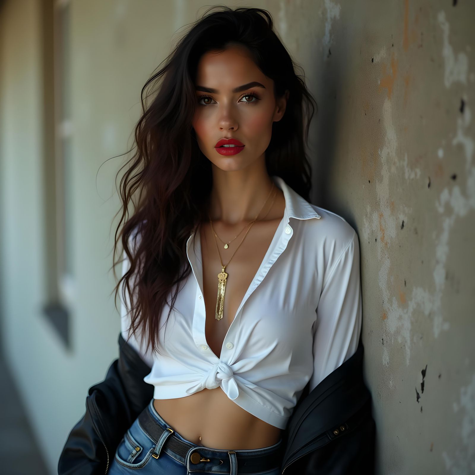 Woman with Dark Hair Leaning on Concrete Wall