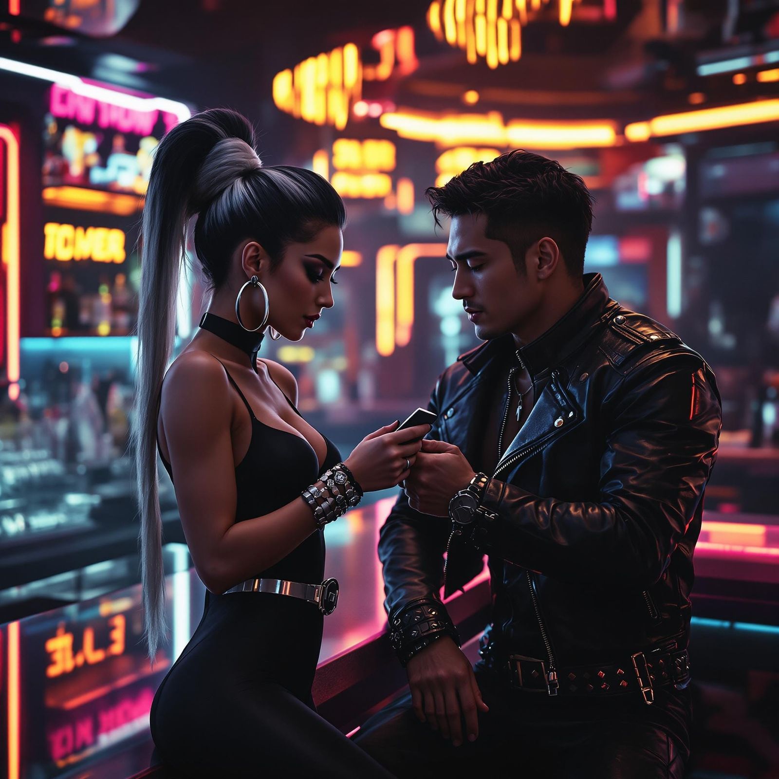 Futuristic Handoff in Neon-Lit Cyberpunk Bar
