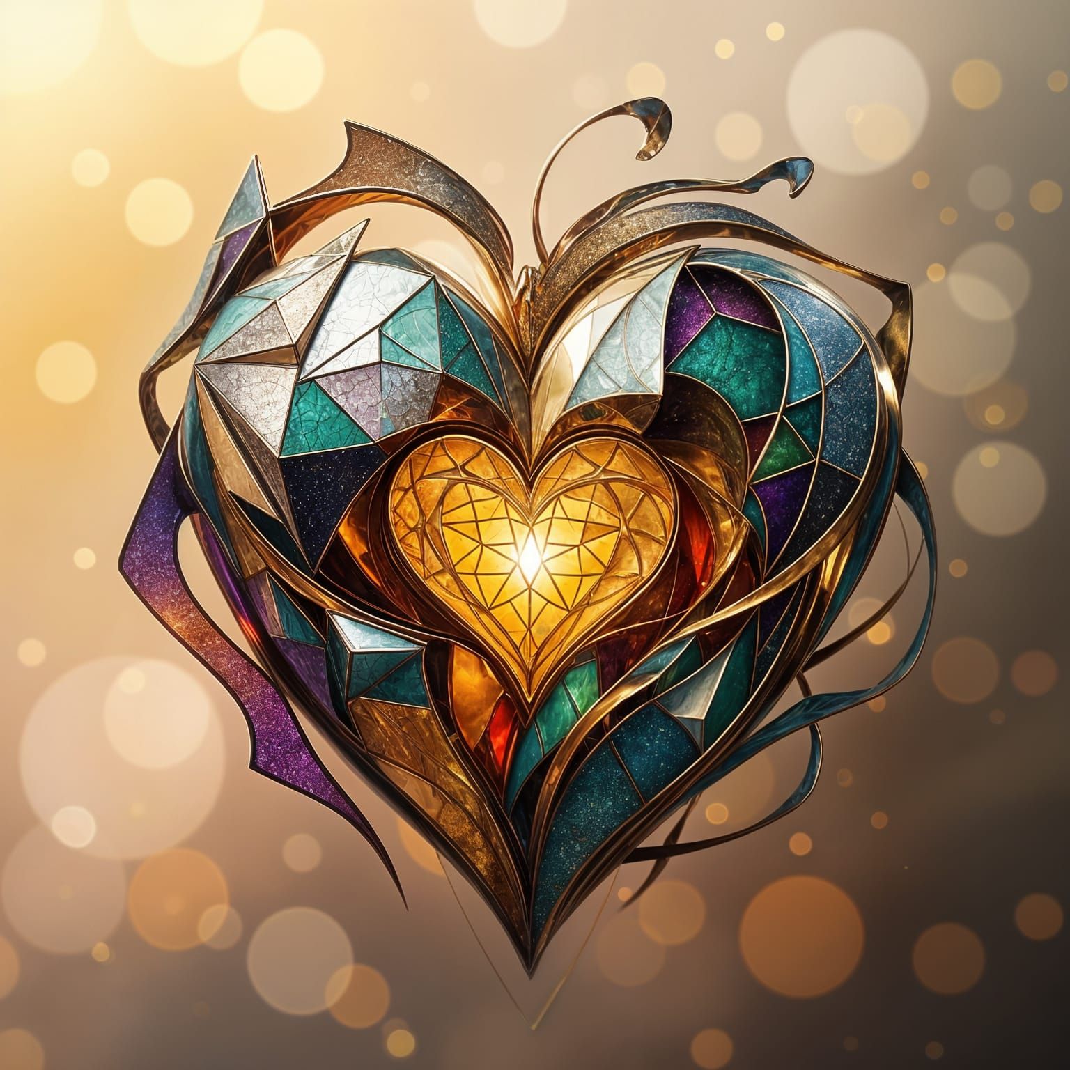 Cubist Surrealist Heart Design in Neon and Gold
