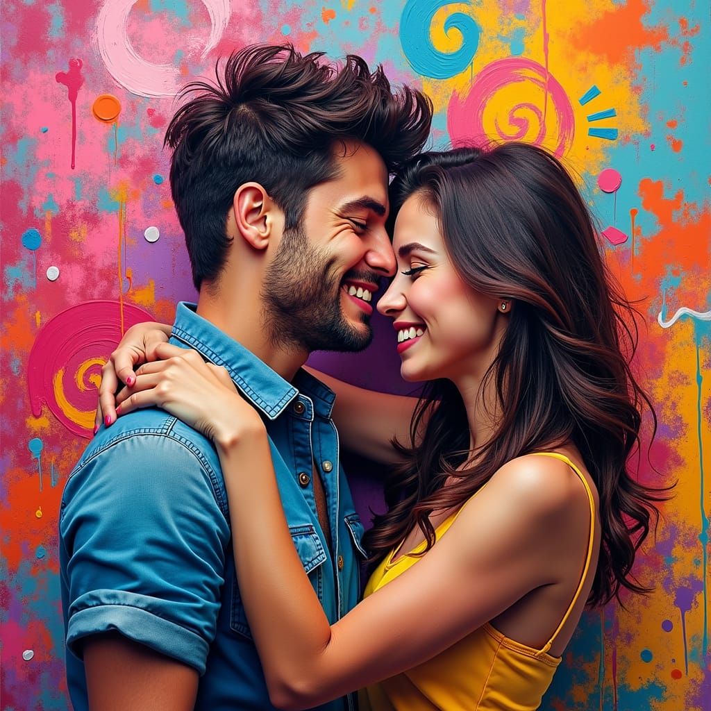 Youthful Couple Embracing in Vibrant Street Art