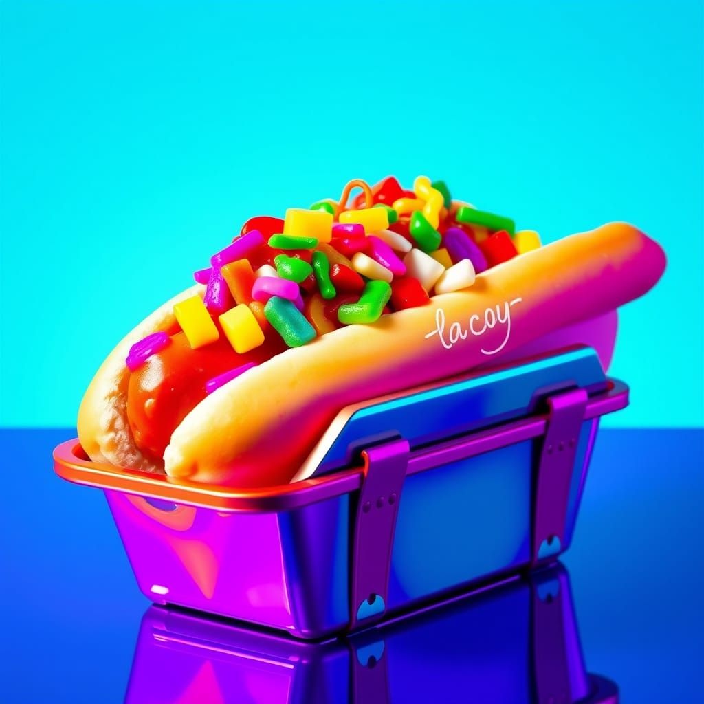 Lisa Frank Style Hotdog on Trapper Keeper