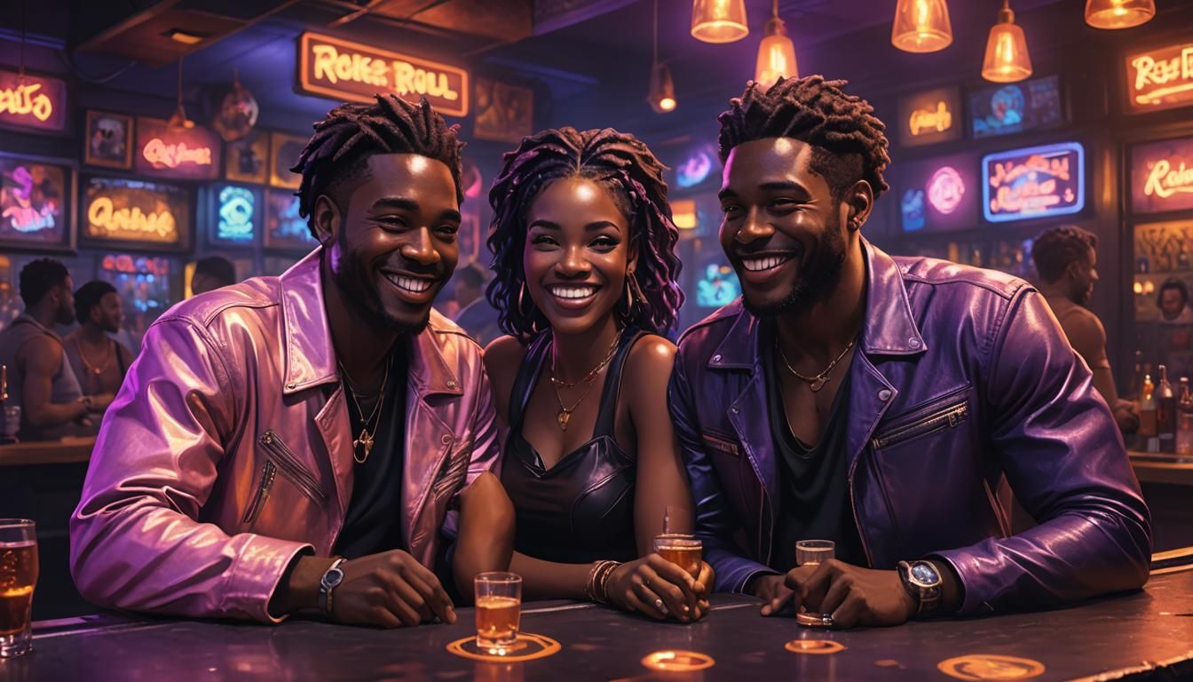 Vibrant Concept Art of Couple in Neon Bar