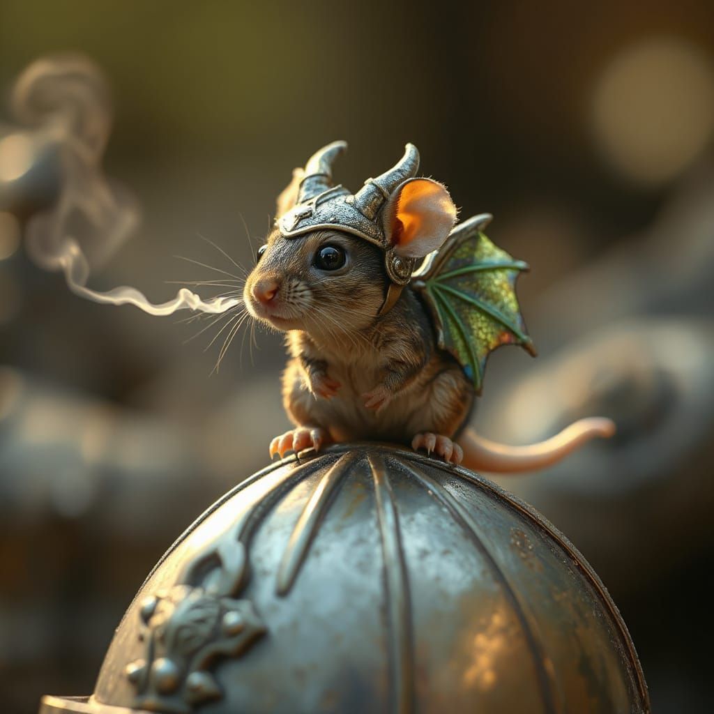 Tiny Dragon Mouse Warrior on Knight's Helmet