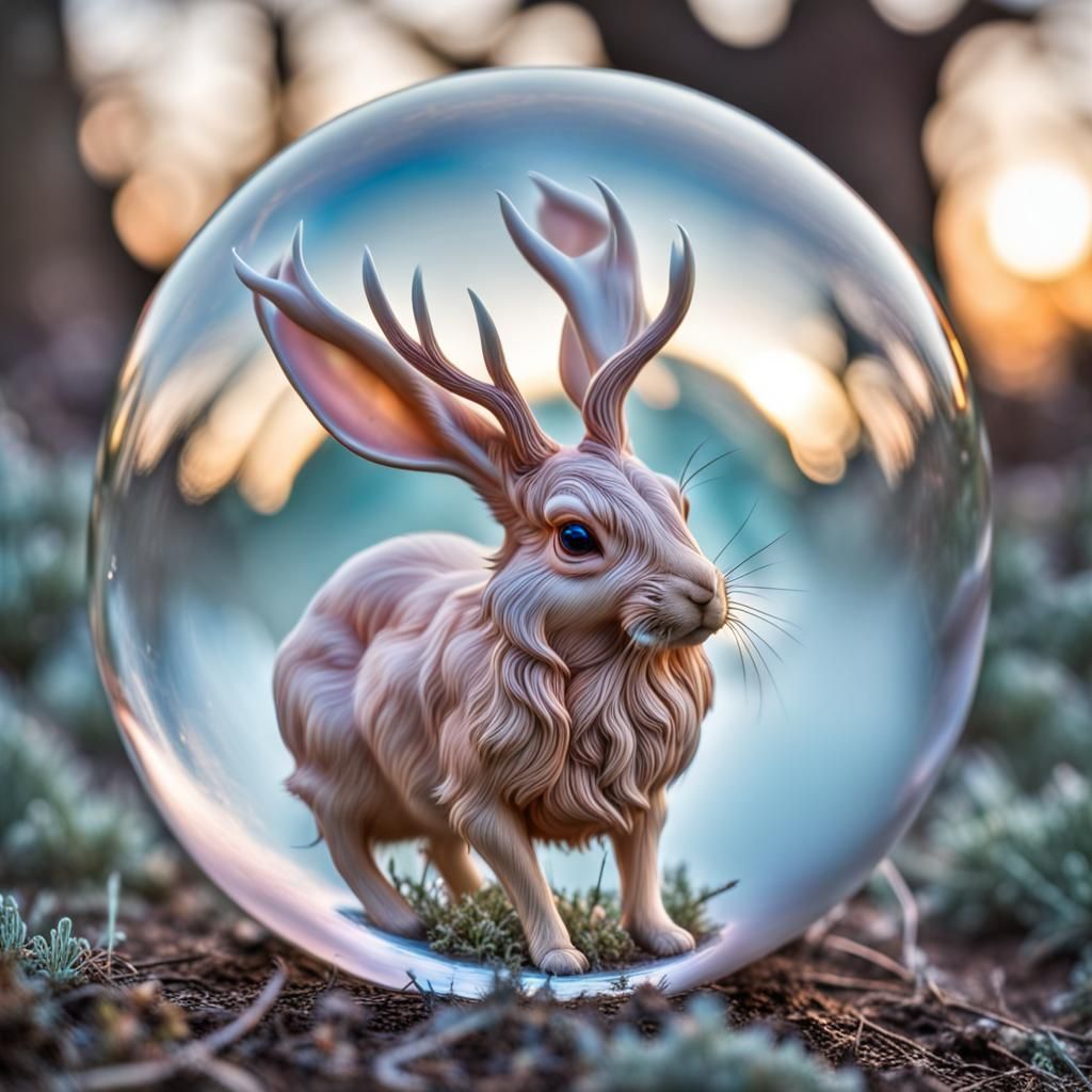 Pastel Jackalope in Glass Orb: Hyperrealistic Whimsy
